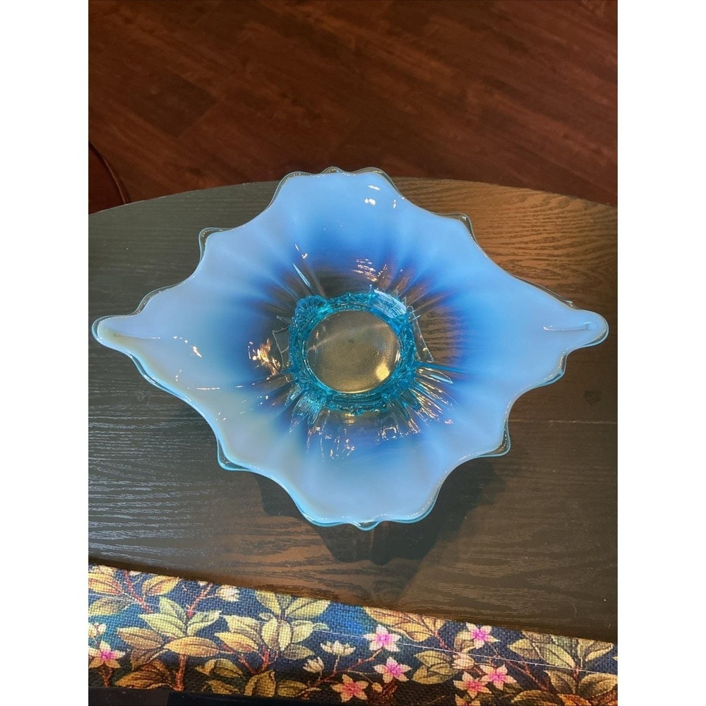 Antique 9" Dugan Fan Pattern Blue Opalescent Footed‎ Dish